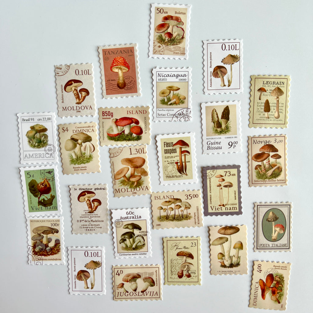 🍄 Vintage Mushroom Stamp Stickers Set (24 pcs)