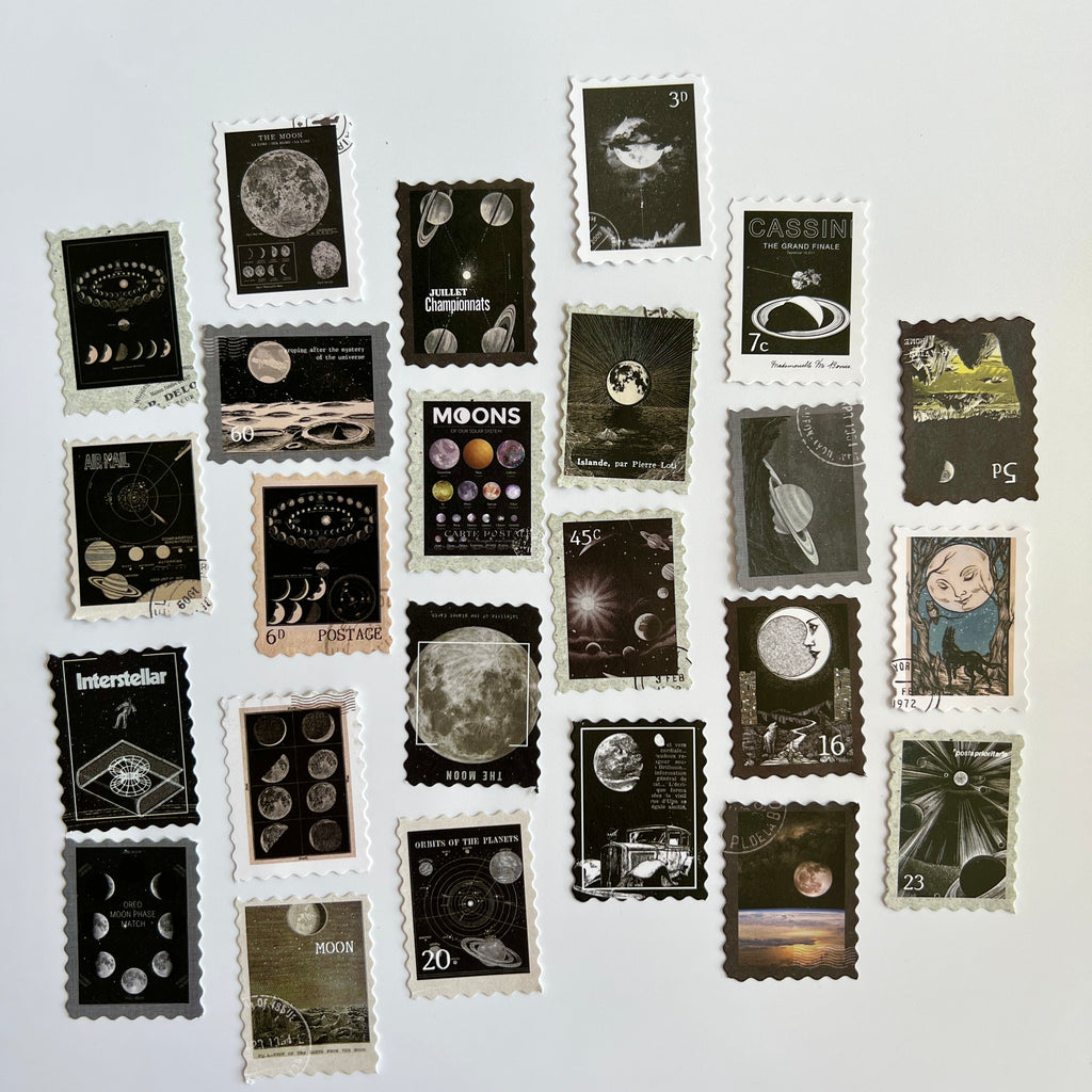 🌙 Vintage Space Stamp Stickers (24 pcs)